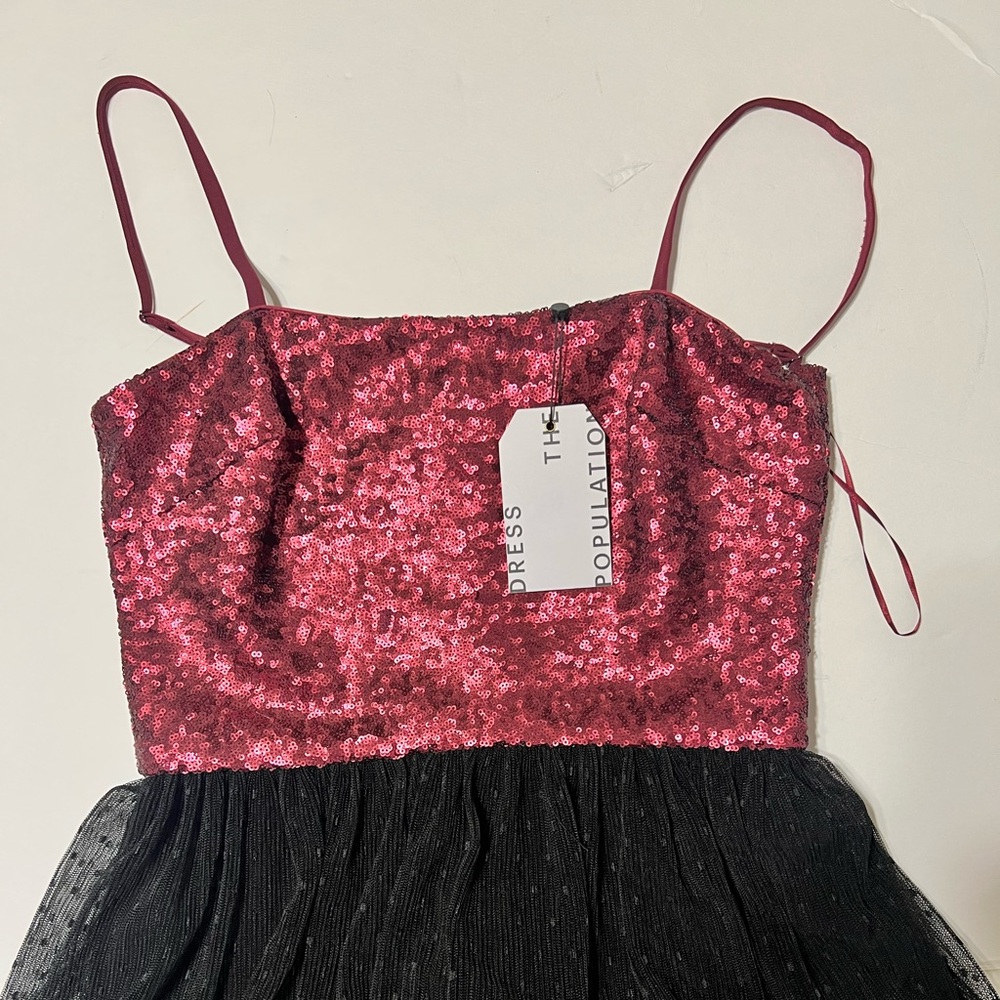 DRESS THE POPULATION Women Medium Kady Dress Merlot Red Multi Sequin Midi Tulle